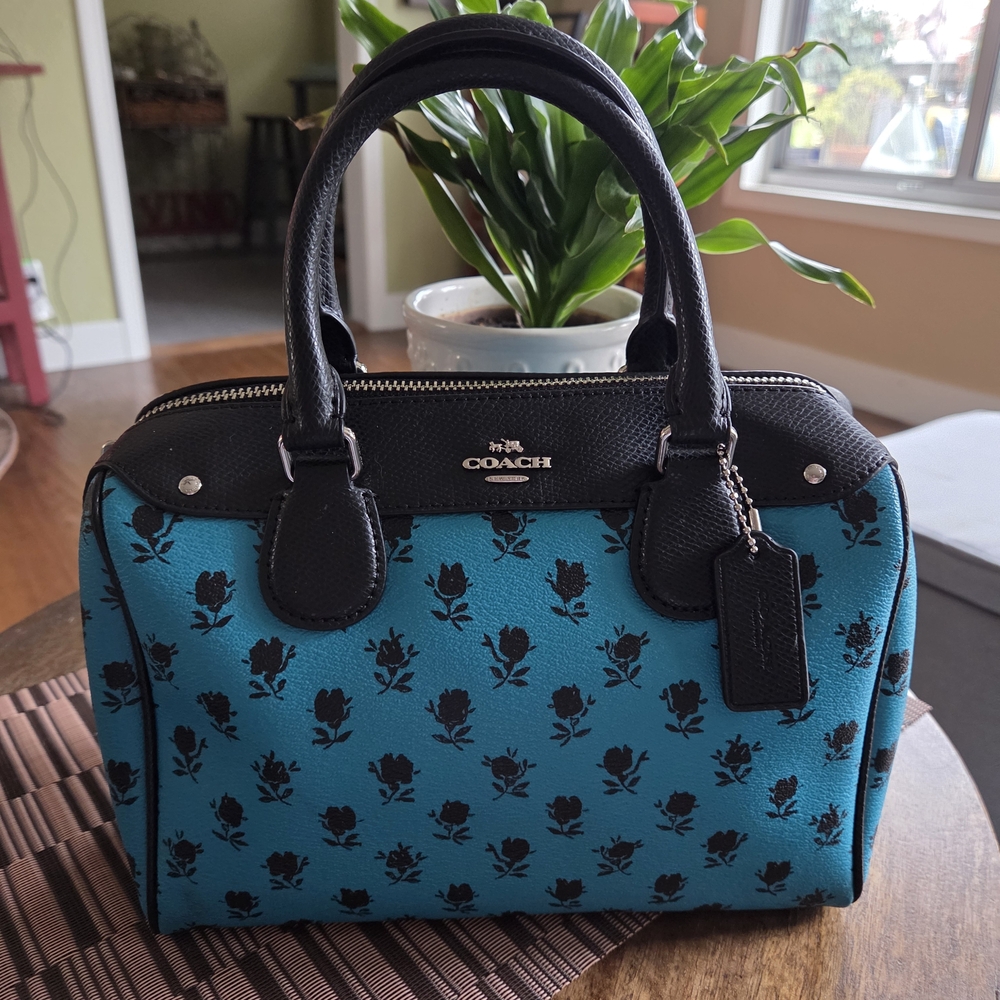 Aqua Blue and Black Floral Mini Boston Bag